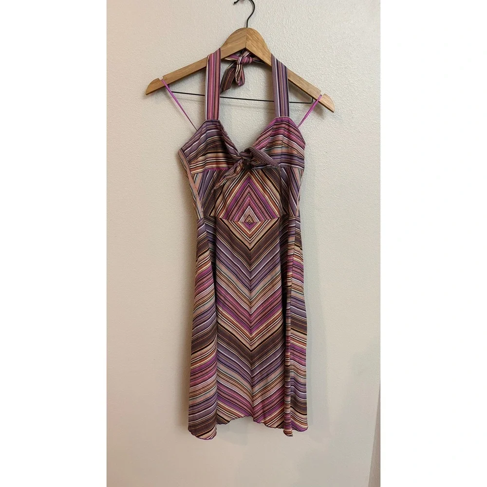 Trina Turk Halter Dress 6 Retro Psychedelic Striped Chevron Tie‎ Front Mini